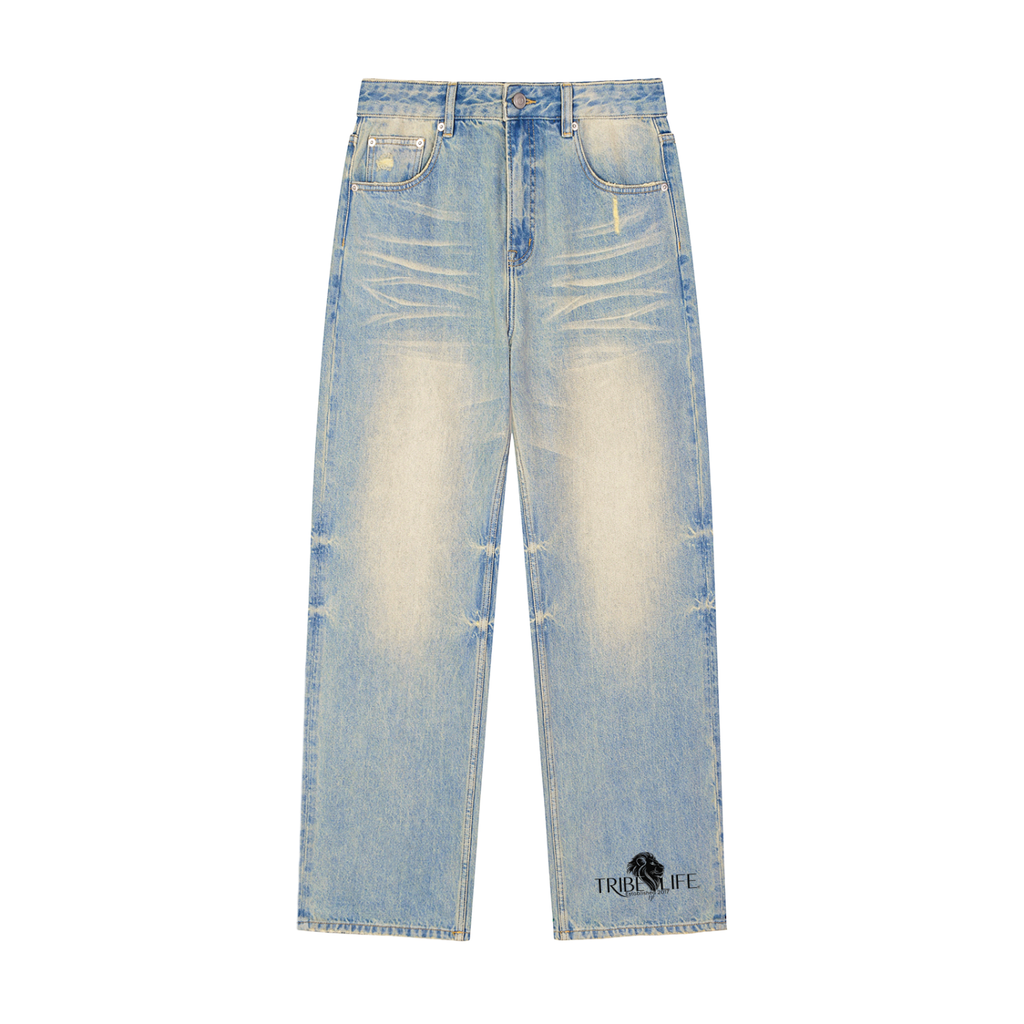 Sun Fade Raw Hem Denim Jeans
