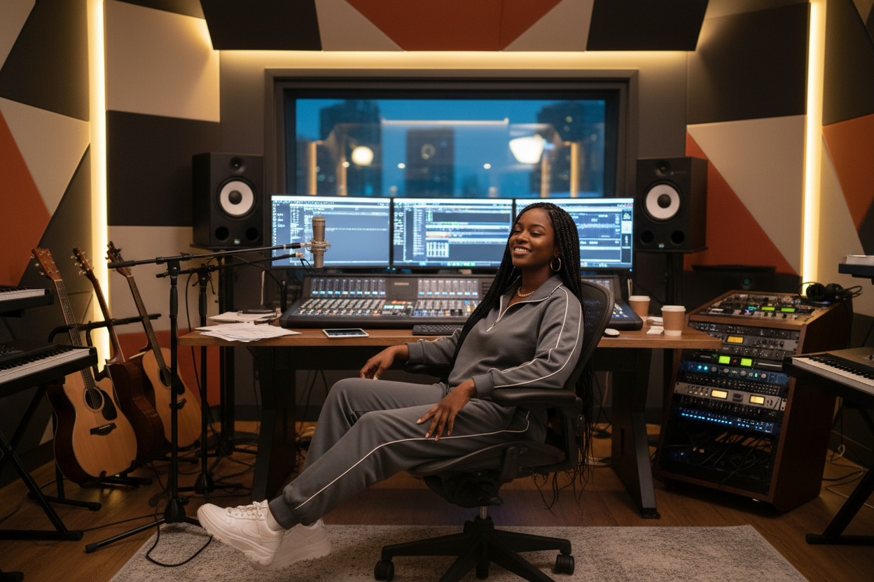 black lady sitting in music studio with a sweatsuit